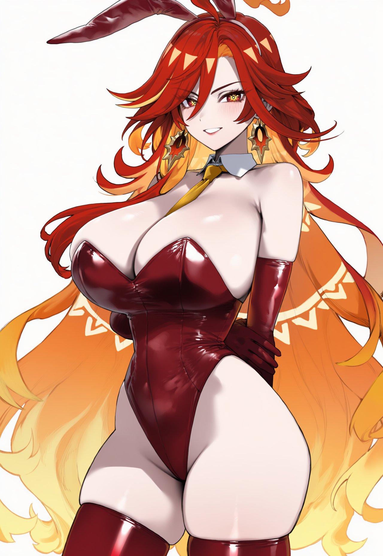 1girl ai_generated animal_ears arms_behind_back bangs bare_shoulders blush breasts bunny_ears bunny_girl bunnysuit cleavage covered_navel detached_collar earrings elbow_gloves fake_animal_ears female_only genshin_impact gloves highleg highleg_leotard huge_breasts jewelry leotard light-skinned_female long_hair looking_at_viewer mavuika_(genshin_impact) multicolored_hair natlan_girls red_hair red_legwear red_leotard stockings strapless strapless_leotard truck-kun_art very_long_hair