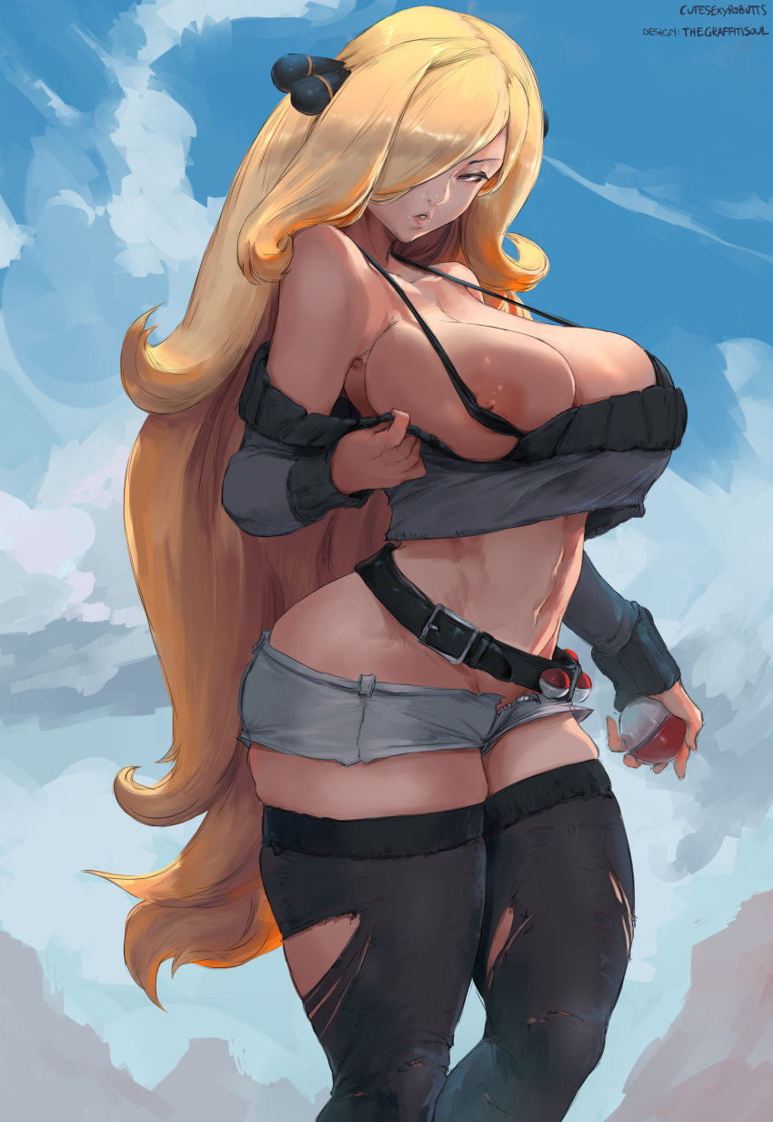 1girl big_breasts blonde_hair blue_eyes bubble_butt cleavage cutesexyrobutts cynthia cynthia_(pokemon) horny humans_of_pokemon inviting_to_sex looking_at_viewer pokemon pokemon_(anime) pokemon_(game) pose shirona shirona_(pokemon) standing stockings teasing thick_thighs undressing