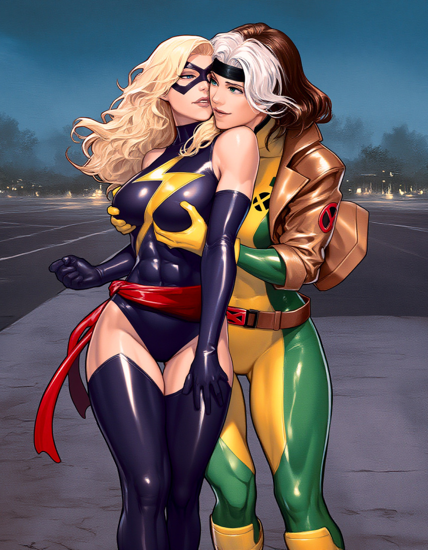 2_girls airfield anna_marie avengers bangs bare_shoulders belt big_breasts black_gloves black_headband black_leotard black_mask black_thighhighs blonde_female blonde_hair blue_eyes bodysuit breast_grab breasts brown_belt brown_hair brown_jacket carol_danvers carolaran carolaran_(artist) clenched_hand closed_mouth couple domino_mask duo elbow_gloves eye_contact female/female female_only gloves grabbing grabbing_another's_breast grabbing_from_behind green_eyes grin half-closed_eyes headband heroine highleg highleg_leotard incipient_kiss jacket legs legs_together legwear_under_shorts leotard lightning_print lips lipstick long_hair long_sleeves looking_at_another love makeup marvel marvel_comics mask ms._marvel ms._marvel_(carol_danvers) multicolored_bodysuit multicolored_clothes multicolored_hair multiple_girls mutual_yuri neck night night_sky outside parted_bangs parted_lips pink_lipstick pose posing rogue rogue_(x-men) romantic romantic_couple skin_tight sky sleeveless sleeveless_leotard sleeveless_turtleneck sleeves_rolled_up smile standing stockings straight_hair superhero_costume superheroine thighs thunder_print turtleneck turtleneck_leotard two-tone_bodysuit two-tone_hair two_tone_hair wavy_hair white_hair x-men x-men:_the_animated_series yellow_gloves yuri