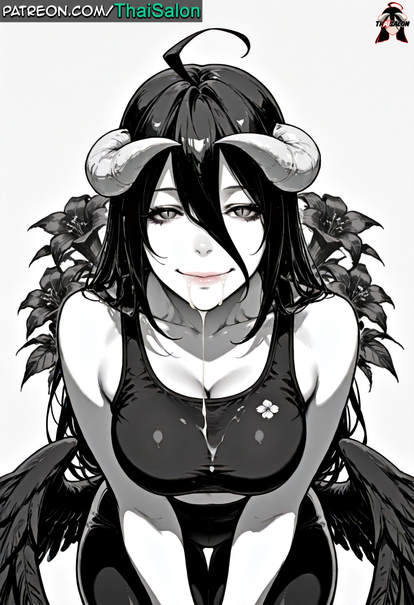 1girl 1girl 1girls ahoge ai_assisted ai_generated albedo_(overlord) big_breasts black_and_white black_hair black_wings breasts breasts breasts chromatic_abberation cum cum_drip cum_in_mouth cum_on_body cum_on_chin cum_on_face eyebrows eyelashes eyes eyeshadow feathered_wings feathers flower flowers glowing_eyes gulp hires horns lips lipstick long_hair low_wings makeup overlord_(maruyama) patreon patreon_username selective_color sexually_suggestive sports_bra sports_uniform sportswear stable_diffusion submissive submissive_female succubus succubus_horns swallow swallowing swallowing_cum swallowing_penis_while_deepthroat tagme thaisalon thick_thighs thighs watermark white_horn white_horns wings yellow_eyes yoga_pants