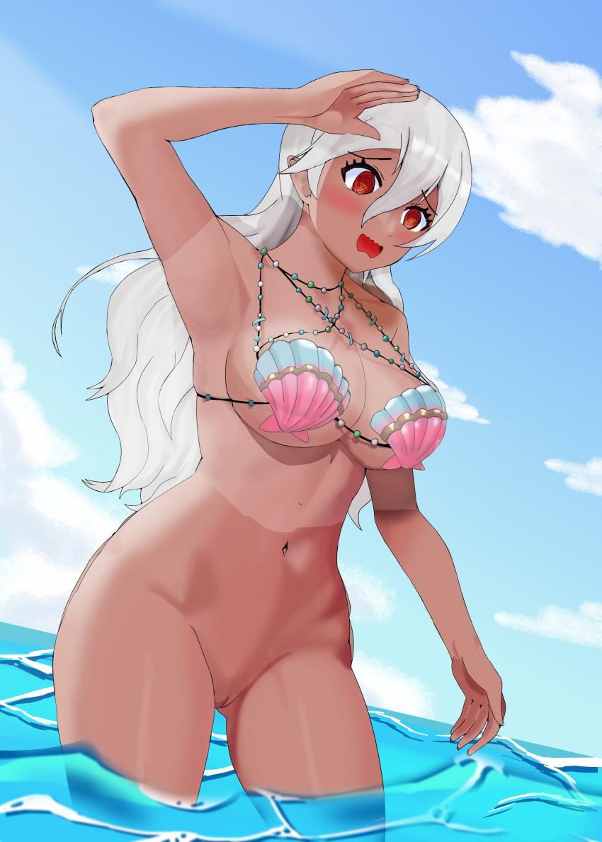 1girl alluring alternate_costume arm_up ass_visible_through_thighs bare_midriff bare_thighs big_breasts bikini blush cleavage corrin_(fire_emblem) corrin_(fire_emblem)_(female) corrin_(summer)_(fire_emblem)_(female) dark-skinned_female dark_skin female_only fire_emblem fire_emblem_cipher fire_emblem_fates fire_emblem_warriors grey_hair hair_between_eyes intelligent_systems long_hair looking_at_viewer midriff naked_from_the_waist_down nintendo ocean official_alternate_costume open_mouth outside pointy_ears pussy red_eyes shell_bikini sideboob soru439 tan tan_line tan_skin thighs under_boob
