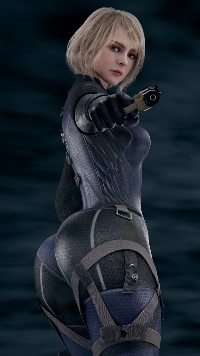 1girl 1girls 3d ashley_graham ashley_graham_(ella_freya) ass big_ass biohazard blonde_female blonde_hair capcom clothed clothing dat_ass docni eyelashes green_eyes gun high_res jill_valentine_(cosplay) jill_valentine_bodysuit legs light-skinned_female light_skin medium_hair reside resident_evil resident_evil_4 resident_evil_4_(remake) resident_evil_4_remake standing thick thick_ass thighs twitter