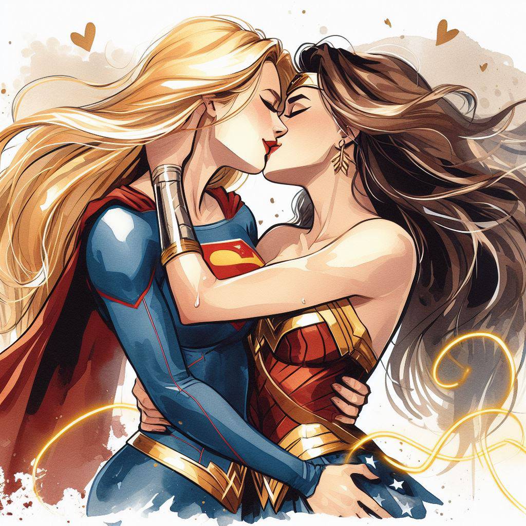 2_girls amazon bangs bare_shoulders big_breasts black_hair blonde_female blonde_hair blue_shirt blue_skirt bracer breasts cape closed_eyes collarbone couple dc_comics dcau diana_prince duo earrings female/female female_only floating_hair heart heroine hugging jewelry justice_league justice_league_unlimited kara_zor-el kissing kryptonian lasso_of_truth lips lipstick long_hair long_sleeves love makeup medium_breasts miniskirt multiple_girls mutual_yuri neck parted_bangs pleated_skirt red_cape red_lipstick red_tubetop romantic romantic_couple rope shirt skin_tight skirt smile star star_(symbol) star_print straight_hair strapless supergirl supergirl_(series) superhero_costume superheroine superman_(series) themysciran thesupergirlfan thesupergirlfan_(artist) tiara tubetop very_long_hair wonder_woman wonder_woman_(series) yuri