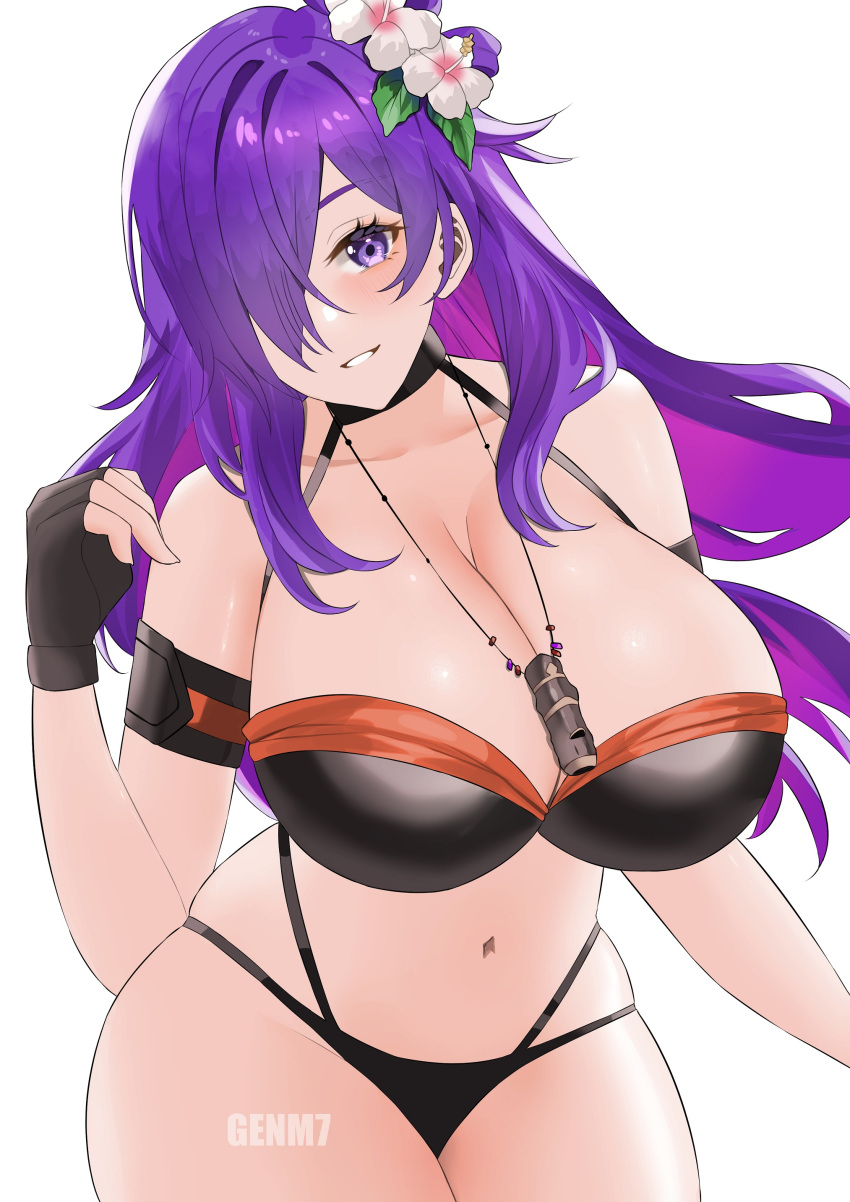 1girl 1girl 1girl absurd_res alluring alternate_breast_size alternate_costume armband artist_name big_breasts big_breasts bikini black_bikini black_gloves black_swimsuit breasts cleavage collarbone fingerless_gloves fire_emblem fire_emblem:_three_houses fire_emblem_heroes fire_emblem_warriors:_three_hopes flower genm7 gloves hair_between_eyes hair_flower hair_ornament hair_over_one_eye hibiscus high_res intelligent_systems jewelry light-skinned_female light_skin long_hair looking_at_viewer navel necklace nintendo official_alternate_costume purple_eyes purple_hair shez_(fire_emblem) shez_(fire_emblem)_(female) signature simple_background smile swimsuit thick_thighs thighs tight_clothes water watermark white_background white_flower wide_hips