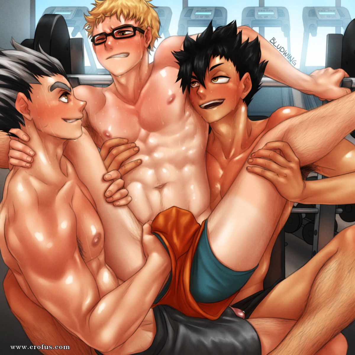 3boys black_hair blonde_hair bludwing blush blush bokuto_koutarou brown_eyes haikyuu!! kuroo_tetsurou male trio tsukishima_kei white_hair yaoi