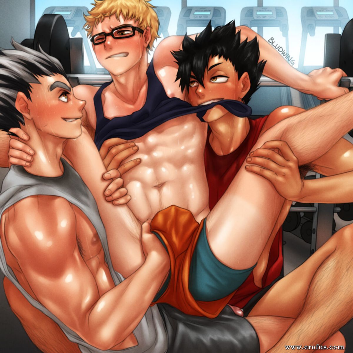 3boys black_hair blonde_hair bludwing blush blush bokuto_koutarou brown_eyes haikyuu!! kuroo_tetsurou male trio tsukishima_kei white_hair yaoi