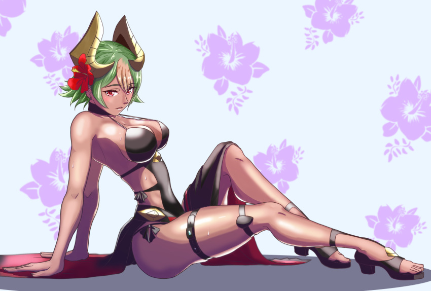 1girl alluring alternate_costume big_breasts black_one-piece_bikini black_sandals cleavage dark-skinned_female dark_skin feet female_focus fire_emblem fire_emblem_heroes floral_background flower full_body green_hair hair_flower hair_ornament high_heels horn_ornament horns intelligent_systems knee_up laegjarn_(fire_emblem) laegjarn_(summer)_(fire_emblem) light_brown_hair looking_at_viewer medium_breasts multicolored_hair nintendo one-piece_bikini open_mouth platform_sandals red_eyes sandals sarong short_hair silf sitting smile sukkirito_(rangusan) sweat swimsuit thigh_strap thighs toes two-tone_hair
