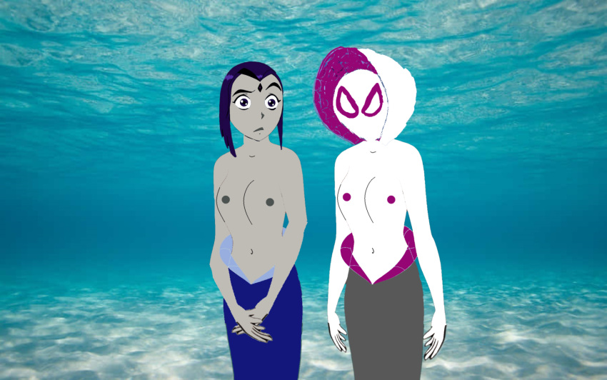 belly_button blue_tail breasts gray_skin mermaid mermaid_girl older older_female purple_eyes purple_hair raven_(dc) raven_(teen_titans) ravenravenraven spider-gwen topless topless_female young_adult young_adult_female young_adult_woman