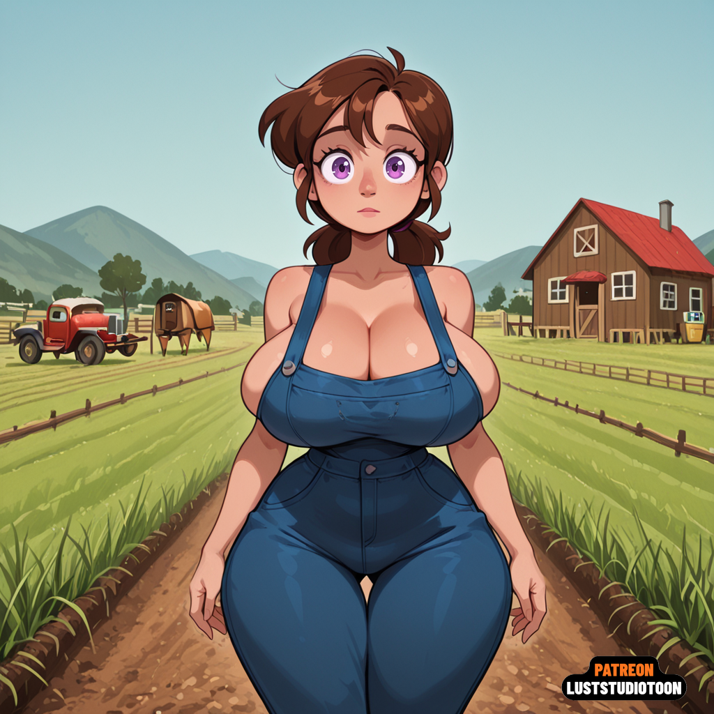 1girl 1girl 1girl ai ai-created ai_generated big_breasts big_breasts bigboobs breasts brown_hair cartoon curvaceous curvy ecchi farm looking_at_viewer original outdoor paesant public purple_eyes short_hair slender_waist stockings thick_thighs wide_hips