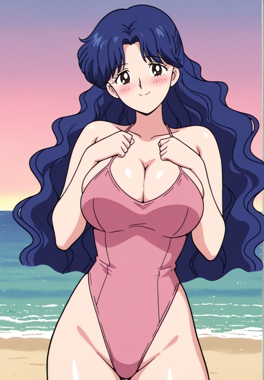 1girl accurate_art_style adult_swim alluring beach big_breasts bikini bishoujo_senshi_sailor_moon bishoujo_senshi_sailor_moon_r bishoujo_senshi_sailor_moon_r_the_movie bishoujo_senshi_sailor_moon_s bishoujo_senshi_sailor_moon_s_the_movie bishoujo_senshi_sailor_moon_supers bishoujo_senshi_sailor_moon_supers_the_movie blue_hair brown_eyes cleavage ikuko_tsukino milf nightcore_(artist) ocean one-piece_bikini pin_up solo toei_animation toonami viz_media