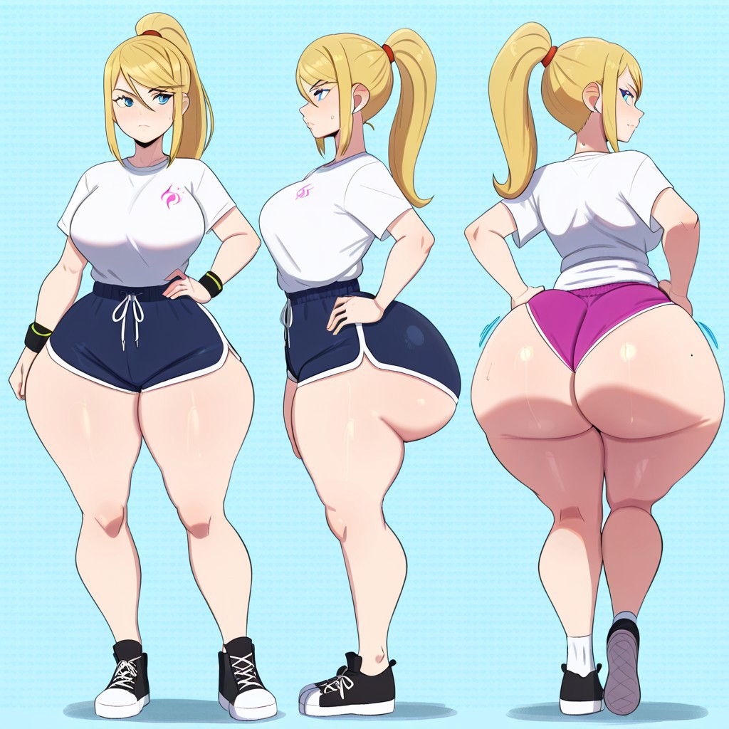 1girl ai_generated ass big_ass big_breasts booty_shorts breasts dolphin_shorts fundoshilover101 huge_ass metroid nintendo samus_aran