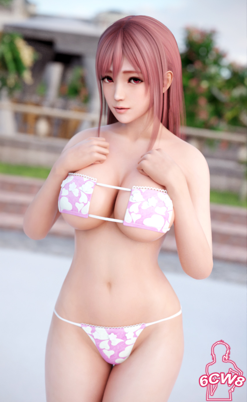 1girl 6cw8 alluring bare_legs big_breasts bikini dead_or_alive dead_or_alive_6 dead_or_alive_xtreme_venus_vacation honoka honoka_(doa) magenta_eyes pin_up pink_hair swimming_pool tecmo