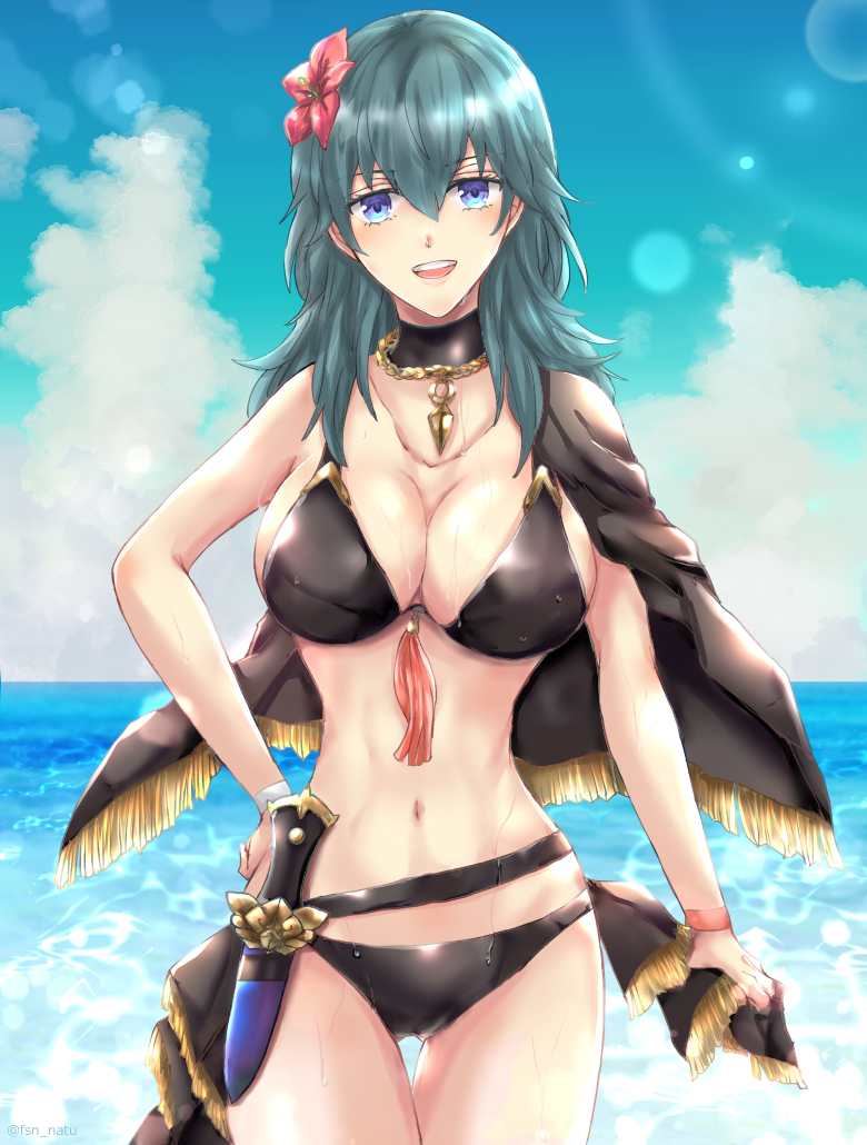 1girl alluring alternate_costume big_breasts bikini black_bikini black_swimsuit byleth_(fire_emblem) byleth_(fire_emblem)_(female) cleavage female_only fire_emblem fire_emblem:_three_houses fire_emblem_heroes fsn_natu intelligent_systems looking_at_viewer nintendo official_alternate_costume swimsuit teal_eyes teal_hair