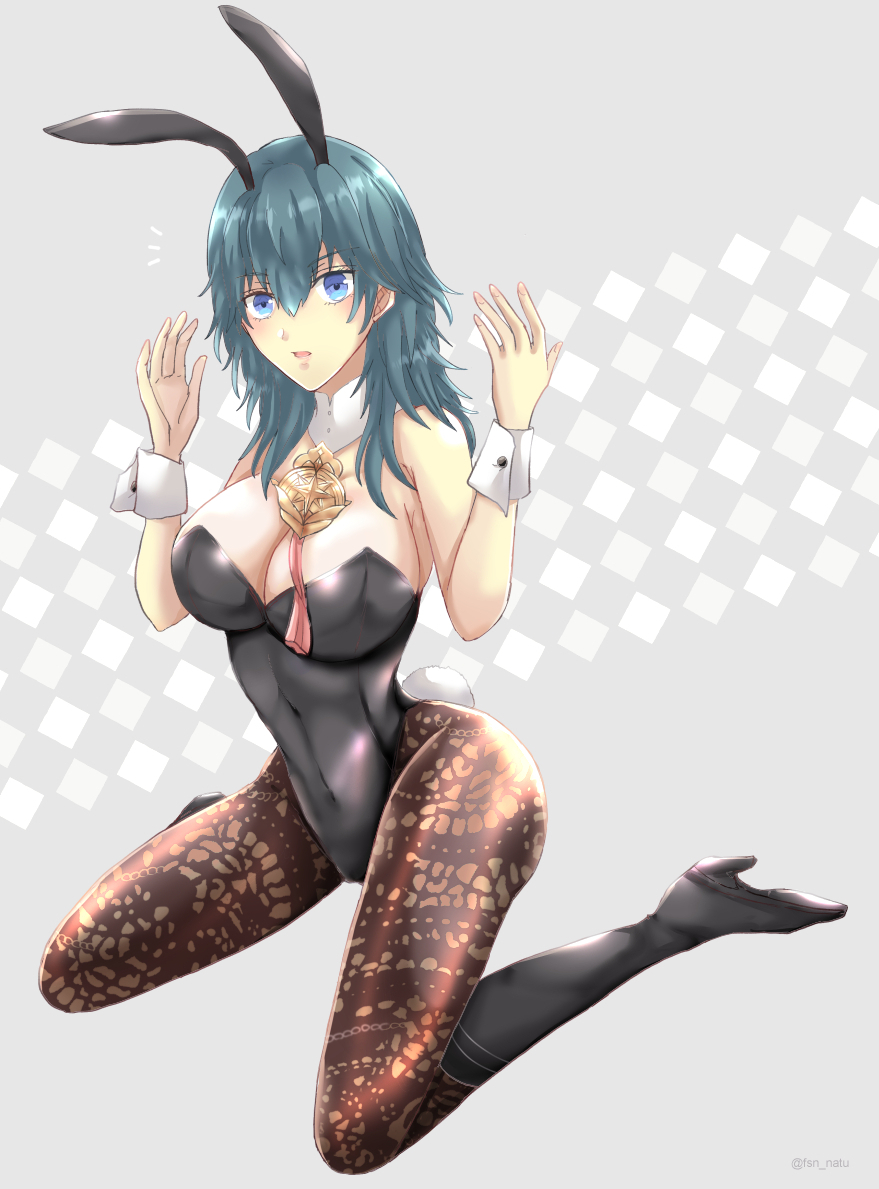 1girl 1girl 1girl alluring alternate_costume big_breasts bunny_ears bunny_girl bunnysuit byleth_(fire_emblem) byleth_(fire_emblem)_(female) female_only fire_emblem fire_emblem:_three_houses fsn_natu intelligent_systems leggings looking_at_viewer nintendo open_mouth teal_eyes teal_hair