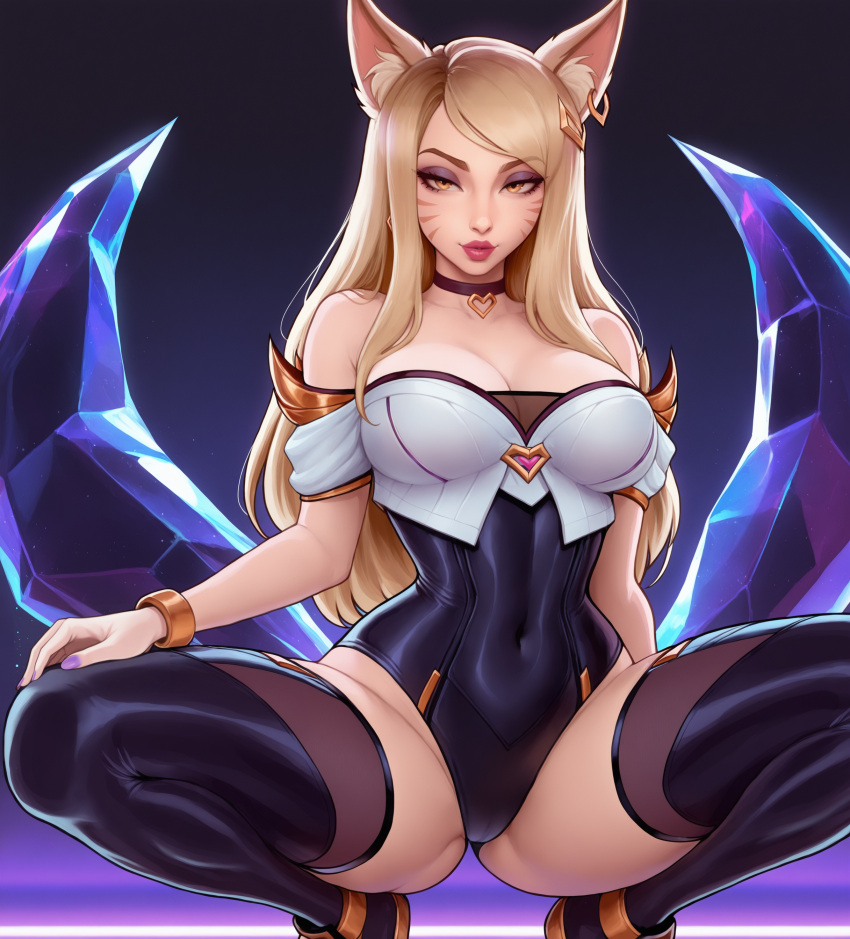 1girl ahri ai_generated blonde_hair curvy curvy_female curvy_figure fox_ears fox_girl fox_tail k/da_ahri league_of_legends leotard