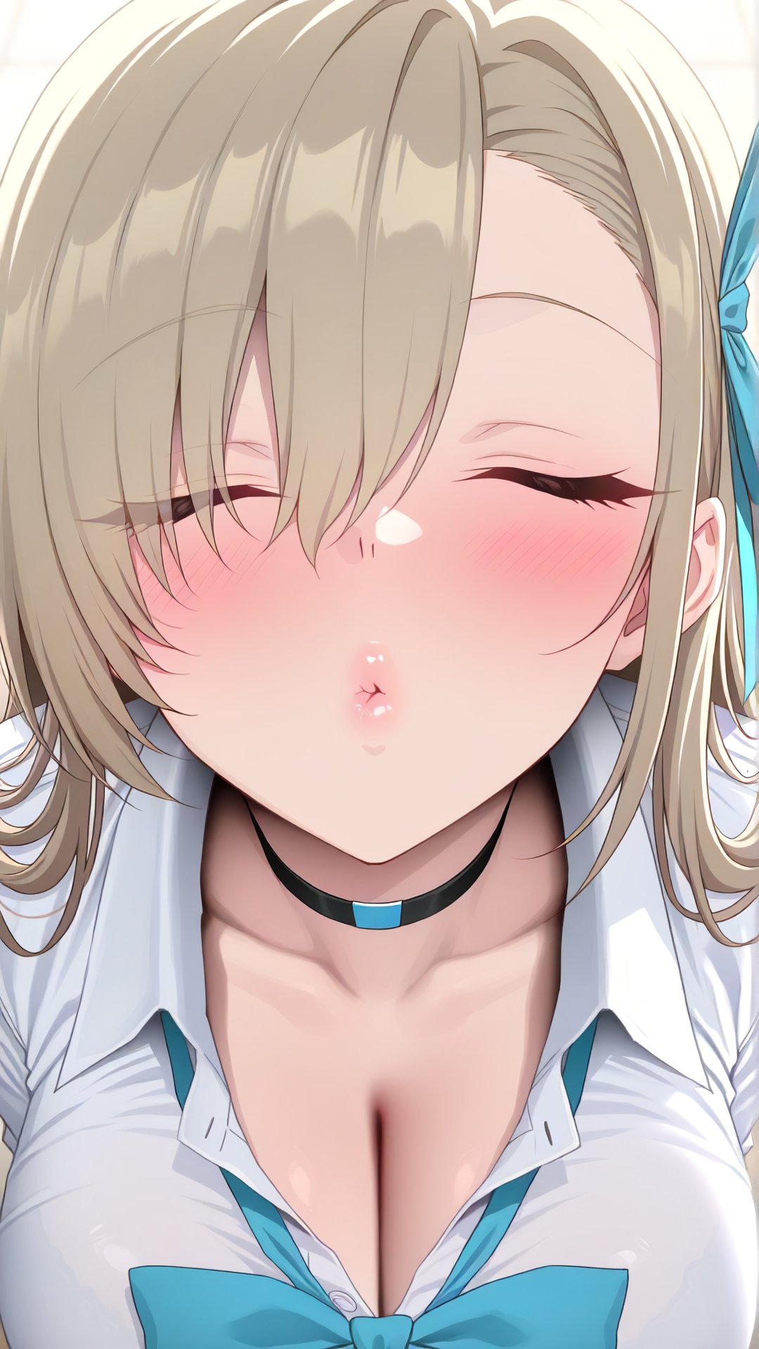 1girl ai_generated asuna_(blue_archive) blue_archive blush breasts closed_eyes huge_breasts kissing kissing light-skinned_female light_skin nikumist pov pov_kiss