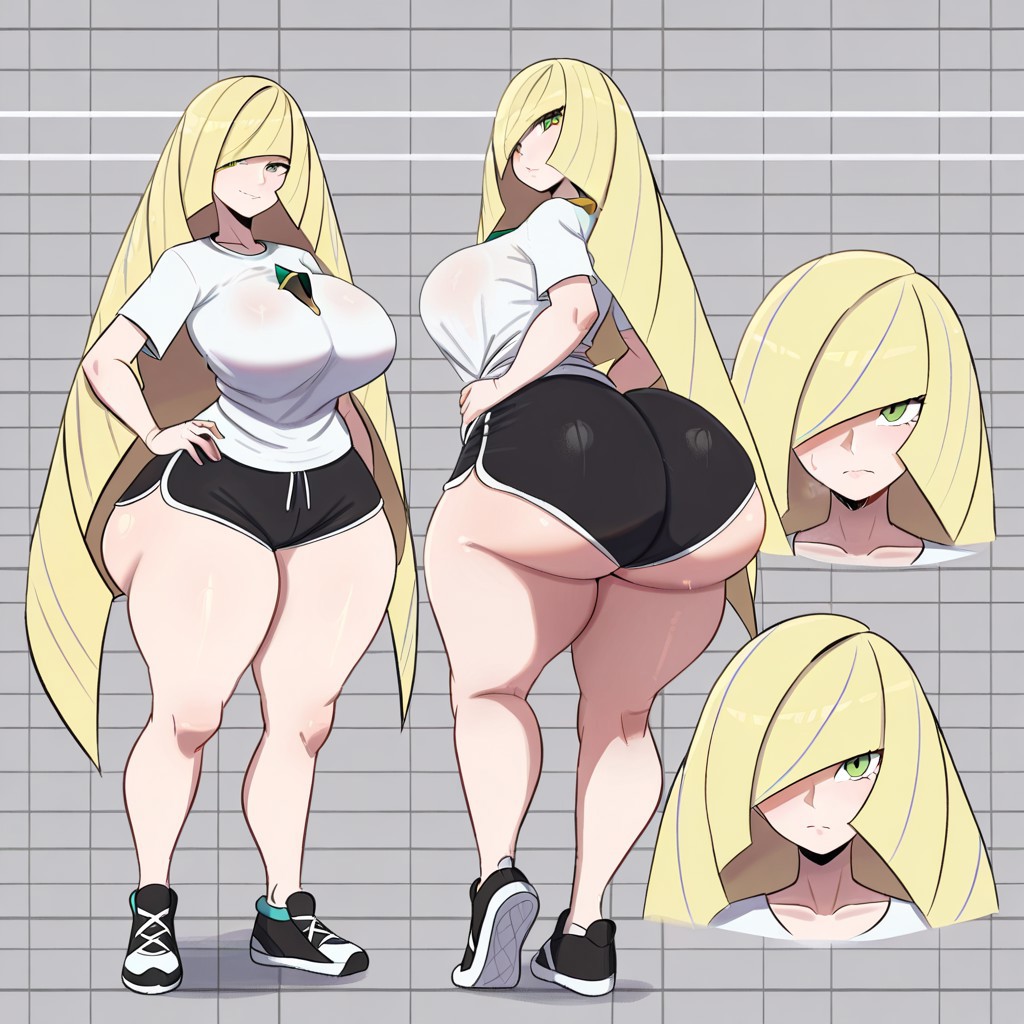 1girl ai_generated ass big_ass big_breasts booty_shorts breasts dolphin_shorts fundoshilover101 game_freak huge_ass huge_breasts lusamine lusamine_(pokemon) nintendo pokemon