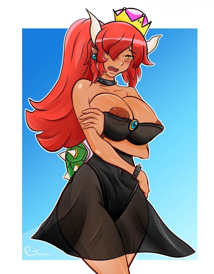 1girl areola areola_slip arm_grab bare_arms bare_legs bare_shoulders big_breasts black_choker black_collar black_dress blue_background blue_brooch blue_earrings blue_gem blue_gemstone blush bowser bowsette bracelet breast_hold breasts brooch choker cleavage collar collarbone covered_navel crossed_legs crossed_legs_(standing) crown dark-skinned_female dark_skin dress earrings embarrassed eyebrows_visible_through_hair eyes_visible_through_hair female_only female_solo gem gemstone grabbing grabbing_own_arm gradient gradient_background hair_between_eyes hair_over_one_eye half-closed_eyes head_tilt high_ponytail horns huge_breasts jewelry legs long_hair mario_(series) neck new_super_mario_bros._u_deluxe nintendo nipples open_mouth orange_eyes outside_border picantium picantium_(artist) pointy_ears ponytail red_hair see-through see-through_clothes see-through_dress sharp_teeth shell short_dress shy slit_pupils spiked_bracelet spiked_collar spiked_shell spikes strapless strapless_dress super_crown super_mario_bros. teeth thick_thighs thighs tied_hair turtle_shell upper_teeth upper_teeth_only white_border white_horns