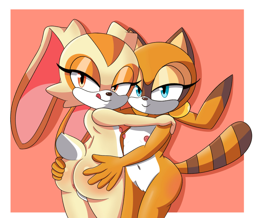 2girls akuzaguy anus ass ass_grab blue_eyes cleft_of_venus completely_nude cream_the_rabbit cub female_focus furry furry_female gloves high_res hugging latex latex_gloves latex_legwear legwear looking_at_viewer looking_back marine_the_raccoon multiple_girls naughty_face navel nipples nude orange_eyes orange_fur pussy sega simple_background small_breasts sonic sonic_the_hedgehog_(series) tail tongue tongue_out yuri