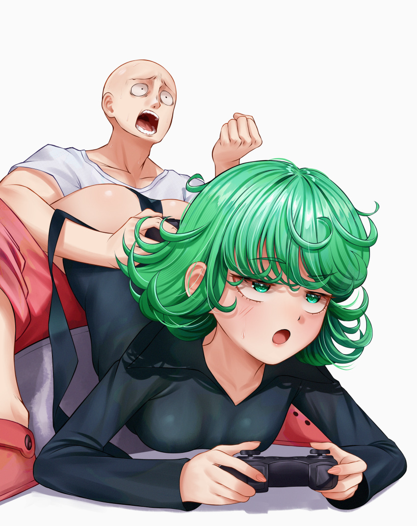 1boy 1girl arched_back ass ass_up bald controller couple curly_hair gamer_girl gaming green_eyes green_hair male one-punch_man open_mouth playing_videogame playstation saitama shocked shocked_expression tatsumaki video_games wholesome