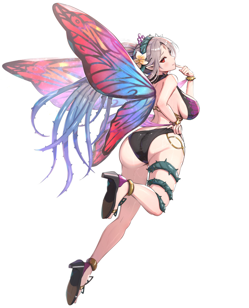 1girl 1girl 1girl 2024 absurd_res adjusting_clothes adjusting_swimsuit alluring alternate_costume ass ass_focus big_breasts bikini black_bikini blush bracelet butterfly_wings cleavage facial_mark fairy fairy_wings female_only finger_to_mouth fingernails fire_emblem fire_emblem_heroes flower forehead_mark from_behind full_body gonzarez grey_hair hair_flower hair_ornament high_heels high_res insect_wings intelligent_systems jewelry leg_lift light-skinned_female light_skin lips long_hair looking_at_viewer looking_back nintendo official_alternate_costume parted_bangs plant plumeria_(fire_emblem) pointy_ears red_eyes seductive_smile sideboob simple_background smile sweat sweatdrop swimsuit thigh_strap thighs thorns vines white_background wings