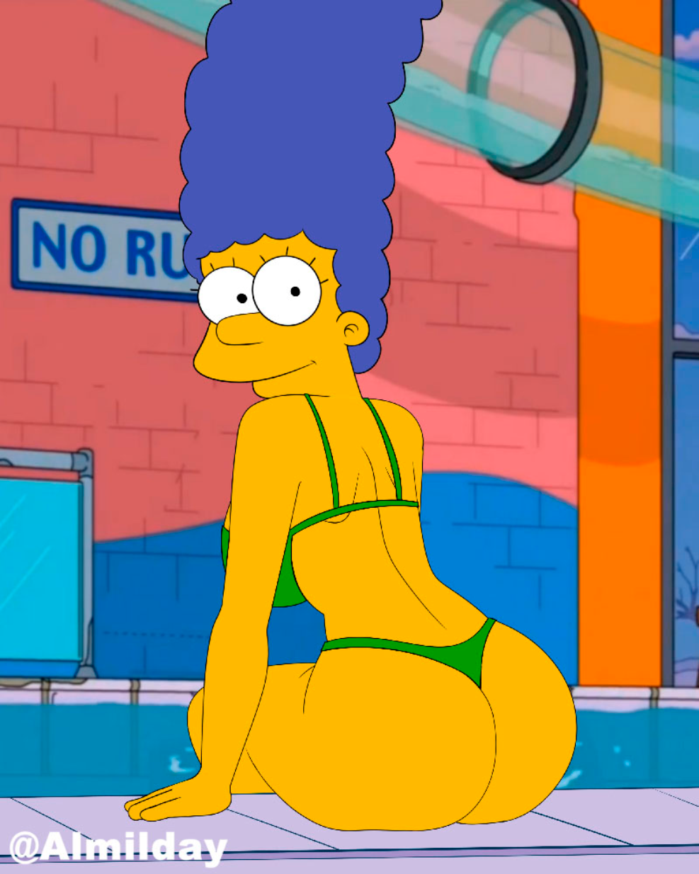 1girl 20th_century_fox almilday ass black_hair blue_hair female_focus fox_corporation long_hair looking_back marge_simpson micro_bikini milf poolside sitting the_simpsons water yellow_skin