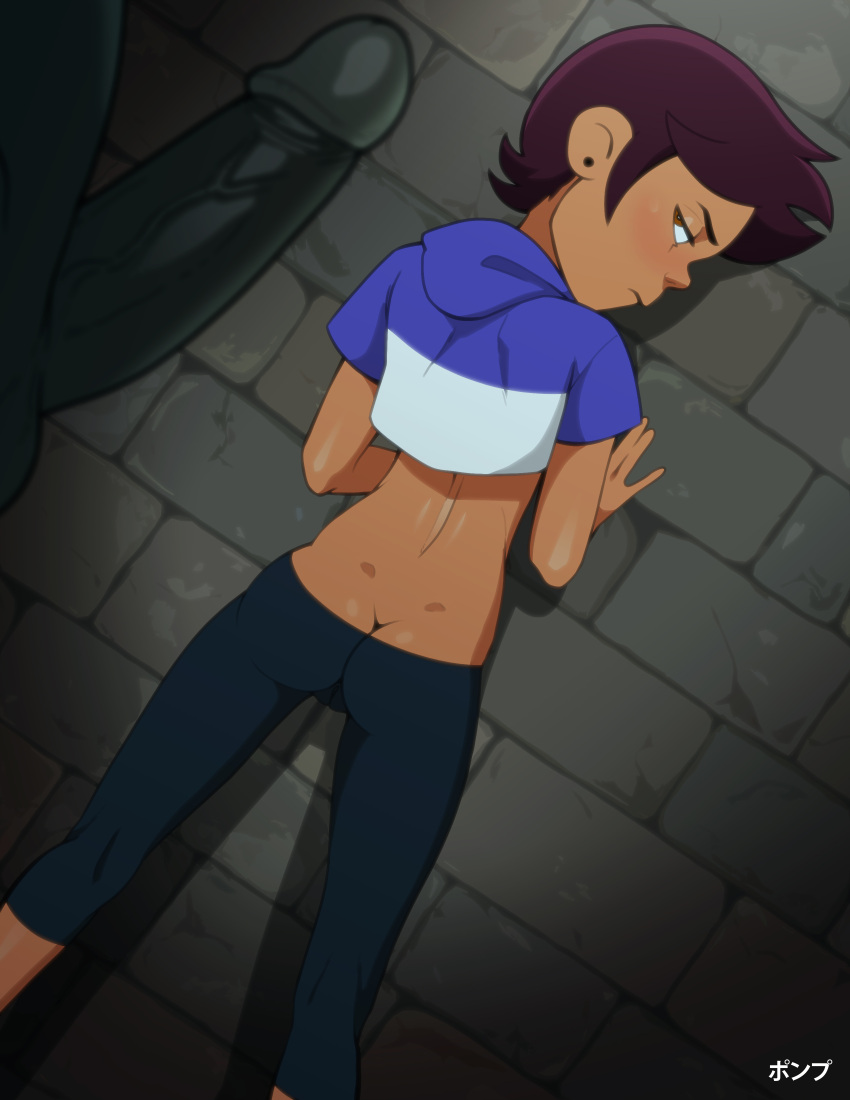 1girl absurdres ass brown_hair butt_crack dark-skinned_female dark_skin demon erection green_skin high_res imminent_sex leggings looking_at_viewer looking_back luz_noceda male penis pumpkinsinclairdisney short_hair teenage the_owl_house tomboy