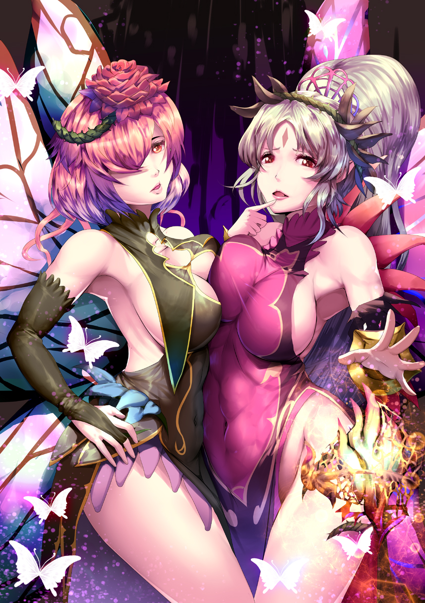 2_girls alluring ass asymmetrical_docking bare_shoulders big_breasts blonde_hair breast_press bug butterfly covered_navel finger_to_mouth fire_emblem fire_emblem_heroes hand_on_own_hip high_res insect intelligent_systems looking_at_viewer multiple_girls navel nintendo plumeria_(fire_emblem) reaching reaching_towards_viewer red_eyes red_hair tagme thighs triandra_(fire_emblem)