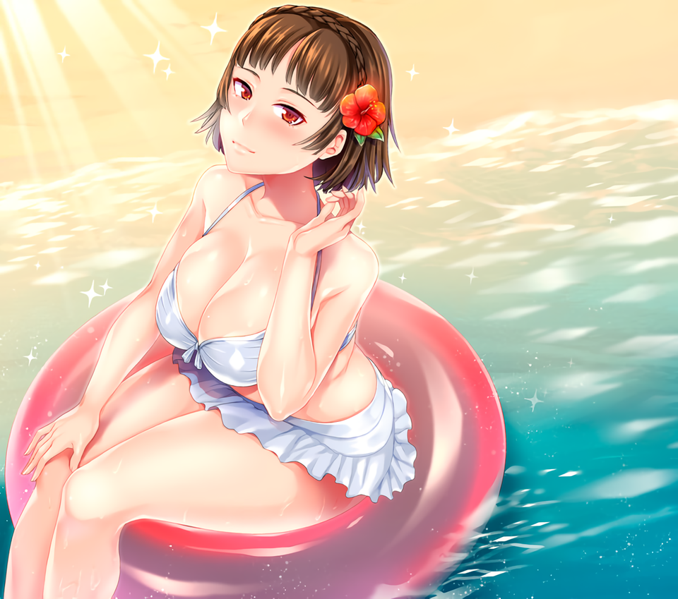 10s 1girl alluring atlus bare_legs bare_shoulders big_breasts bikini blush braid brown_hair cleavage collarbone crown_braid flower hair_flower hair_ornament innertube looking_at_viewer makoto_niijima ocean persona persona_5 red_eyes sega shibuki_oroshi short_hair silf swim_ring swimsuit thighs water