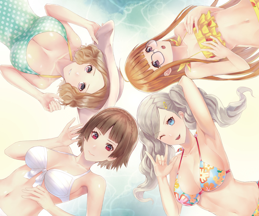 10s 4girls ahoge alluring ann_takamaki arm_up atlus big_breasts bikini blonde_hair blue_eyes blush bra braid brown_eyes brown_hair cleavage closed_mouth crown_braid facing_viewer floral_print floral_print_bikini food_print frilled_bikini frills front-tie_bikini_top front-tie_top fruit_print glasses hat long_hair looking_at_viewer m/ makoto_niijima mozuyun multiple_girls navel okumura_haru open_mouth orange_hair panties persona persona_5 print_bikini red_eyes ruffle_bikini sakura_futaba sega short_hair silf skirt small_breasts smile stomach strawberry_print swimsuit teeth tongue twin_tails underwear upper_body white_skirt