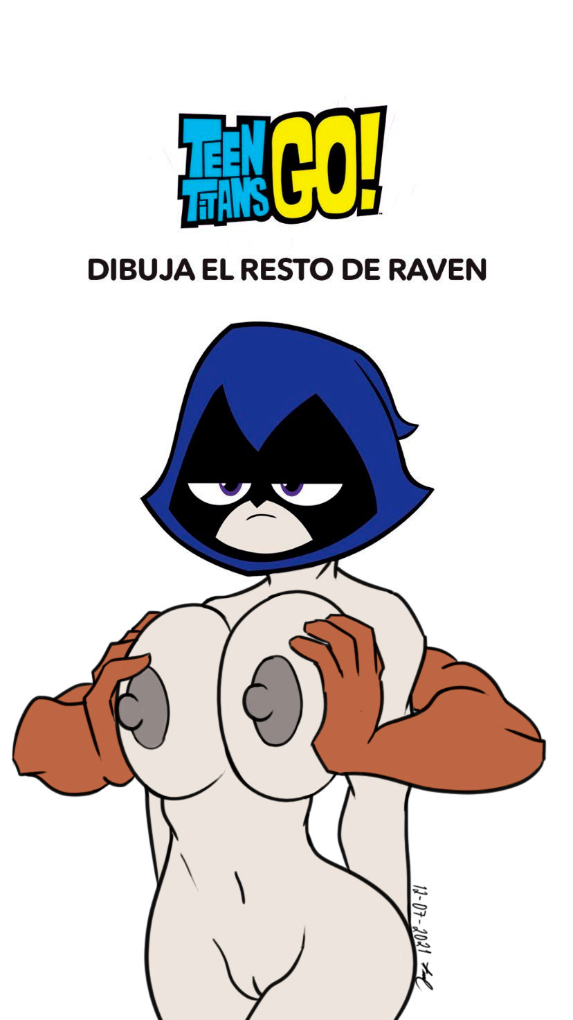 1boy 1girl 2021 anonymous_male areola big_breasts cloak dated erect_nipples expressionless hands_behind_back interracial muscular_arms navel nude older older_female pressing_breasts_together purple_eyes pussy rachel_roth raven_(dc) signature spanish_text teen_titans_go tiquitoc white_background young_adult young_adult_female young_adult_woman