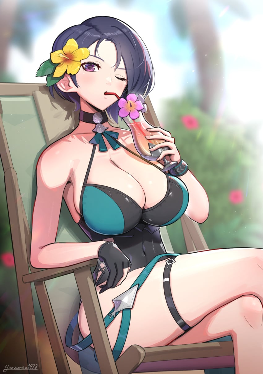 1girl 1girl 1girl absurd_res alluring alternate_costume athletic athletic_female bare_legs bare_shoulders beach_chair big_breasts big_breasts black_choker black_gloves black_hair black_one-piece_bikini black_swimsuit breasts casual_one-piece_swimsuit choker cocktail_glass commentary crossed_legs cup drinking drinking_glass drinking_straw female_only fire_emblem fire_emblem:_three_houses fire_emblem_heroes flower gloves gonzarez goth goth_girl gothic green_one-piece_bikini hair_flower hair_ornament halterneck hibiscus high_res holding holding_cup intelligent_systems looking_at_viewer nintendo official_alternate_costume one-piece_bikini one_eye_closed partially_fingerless_gloves purple_eyes revision shamir_nevrand shamir_nevrand_(summer) short_hair single_glove sitting swimsuit thigh_strap tropical_drink two-tone_bare_legs yellow_flower