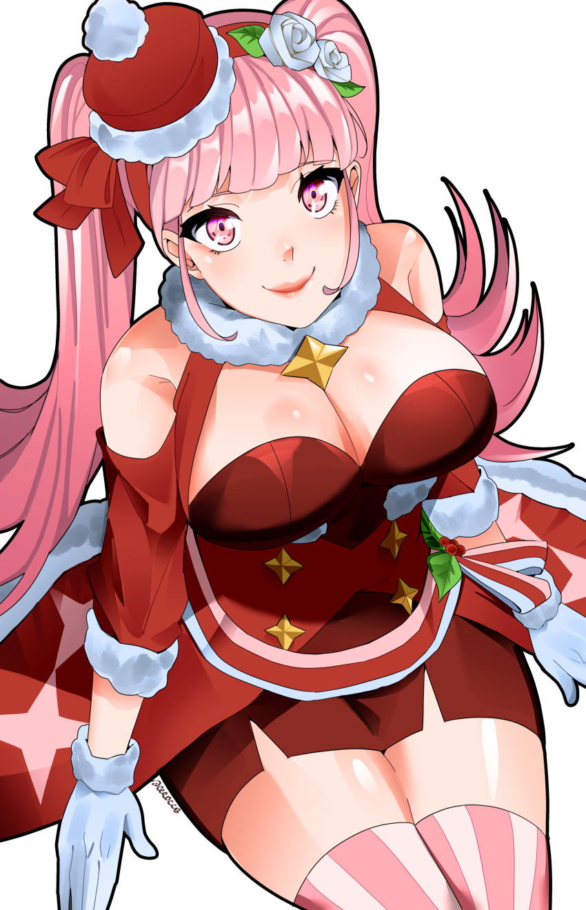 1girl 1girl 1girl absurd_res alluring alternate_costume bare_shoulders bare_thighs big_breasts blunt_bangs ceroccb christmas cleavage dress female_only fire_emblem fire_emblem:_three_houses fire_emblem_heroes from_above fur-trimmed_gloves fur_choker fur_trim gloves high_res hilda_valentine_goneril hilda_valentine_goneril_(winter) intelligent_systems light-skinned_female light_skin long_hair looking_at_viewer nintendo official_alternate_costume pink_eyes pink_hair pink_lips red_dress sitting smile stockings striped striped_thighhighs thick_thighs thighs twin_tails vertical-striped_thighhighs vertical_stripes white_gloves