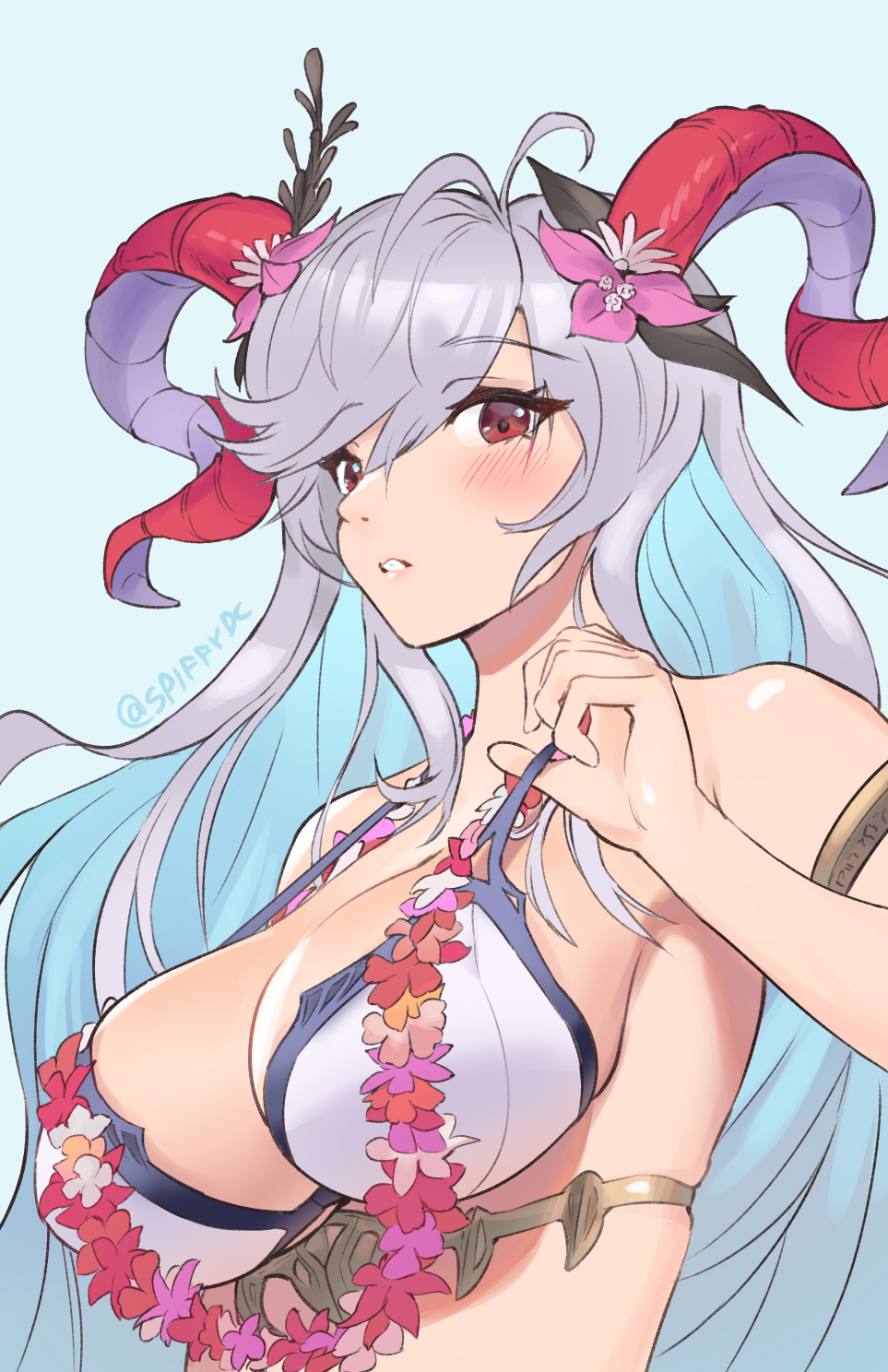 1girl 1girl 1girl adjusting_swimsuit alluring alternate_costume big_breasts bikini blue_hair blush cleavage colored_inner_hair fire_emblem fire_emblem_heroes flower flower_necklace freyja_(fire_emblem) grey_hair horns intelligent_systems long_hair looking_at_viewer multicolored_hair nintendo red_eyes solo_female spiffydc swimsuit upper_body very_long_hair white_bikini white_swimsuit