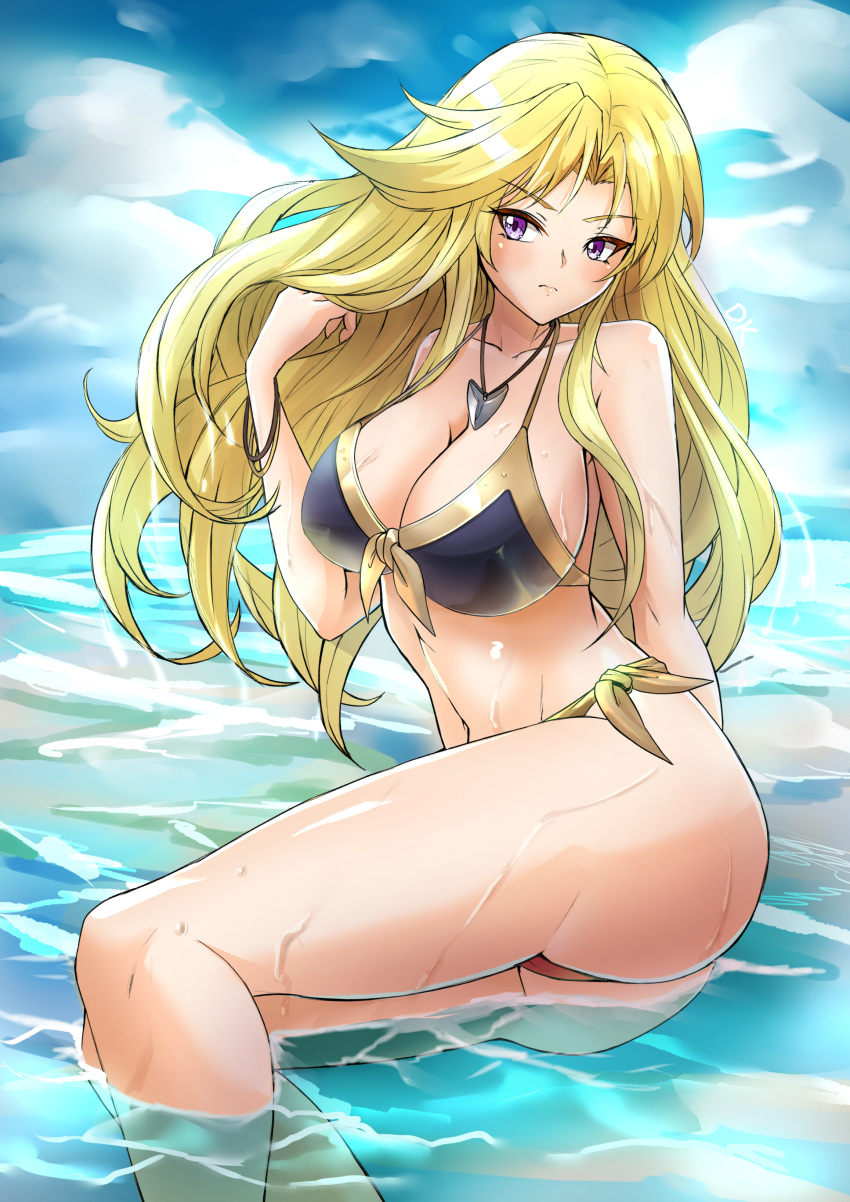 1girl 1girl 1girl alluring alternate_breast_size alternate_costume ass bare_legs big_ass big_breasts big_breasts bikini blonde_hair clarisse_(fire_emblem) cleavage commission commissioner_upload deekei female_only fire_emblem fire_emblem:_mystery_of_the_emblem fire_emblem:_new_mystery_of_the_emblem frown intelligent_systems legs long_hair nintendo ocean outside purple_eyes sitting swimsuit thighs water