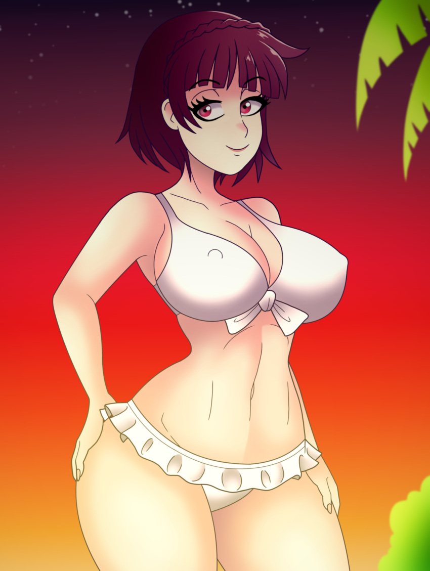 1girl 1girl 1girl alluring atlus beach big_breasts bikini bikini_bottom bikini_top covered_nipples female_only kinggargantuas makoto_niijima makoto_niijima_(swimsuit) persona persona_5 revealing_clothes sega silf solo_female thick_thighs thighs tight_clothing wide_hips