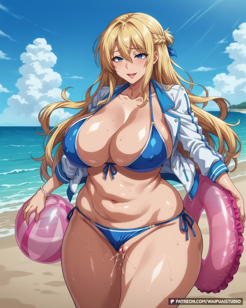 1girl 1girl 1girl ball beach beachball belly big_breasts bikini bikini_bottom bikini_bottom_aside blonde_hair blue_bikini blue_eyes blue_sky blue_swimsuit blush bracelet braid breasts cleavage clothing clothing_aside cloud collarbone covered_nipples curvy day french_braid front-tie_bikini_top front-tie_top hair_between_eyes hair_ribbon holding holding_ball holding_beachball huge_breasts innertube jacket jewelry long_hair long_sleeves looking_at_viewer mosaic_censoring navel nipples ocean open_clothes open_jacket open_mouth outside plump pussy pussy_juice ribbon sand shore side-tie_bikini_bottom side-tie_clothing side-tie_swimsuit sky smile standing sweat swim_ring swimsuit thick_thighs thighs waifuai_studio water white_jacket wide_hips