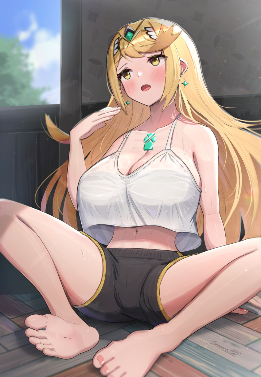 1girl 1girl 1girls absurd_res alluring alternate_costume athletic_female barefoot big_breasts blonde_hair female_abs fit_female gonzarez high_res mythra_(xenoblade) shorts sitting xenoblade_(series) xenoblade_chronicles_2 yellow_eyes