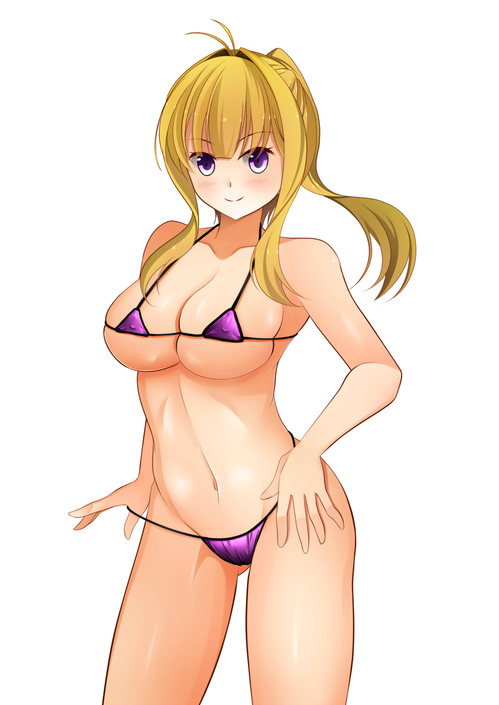 1girl 1girl ahoge alluring big_breasts bikini blonde_hair blush clarine_(fire_emblem) female_focus fire_emblem fire_emblem:_the_binding_blade high_res intelligent_systems long_hair micro_bikini navel nintendo nipples ponytail purple_eyes shiny_skin sidelocks simple_background smile standing swimsuit thighs undressing white_background
