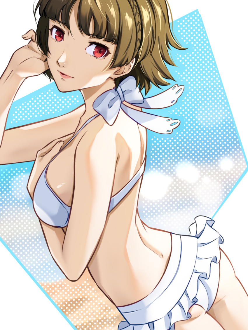 1girl 1girl alluring alternate_costume ass atlus bare_shoulders big_breasts bikini blunt_bangs braid brown_hair closed_mouth crown_braid high_res looking_at_viewer makoto_niijima persona persona_5 red_eyes sega short_hair sideboob silf smile swimsuit wanderstillart white_bikini