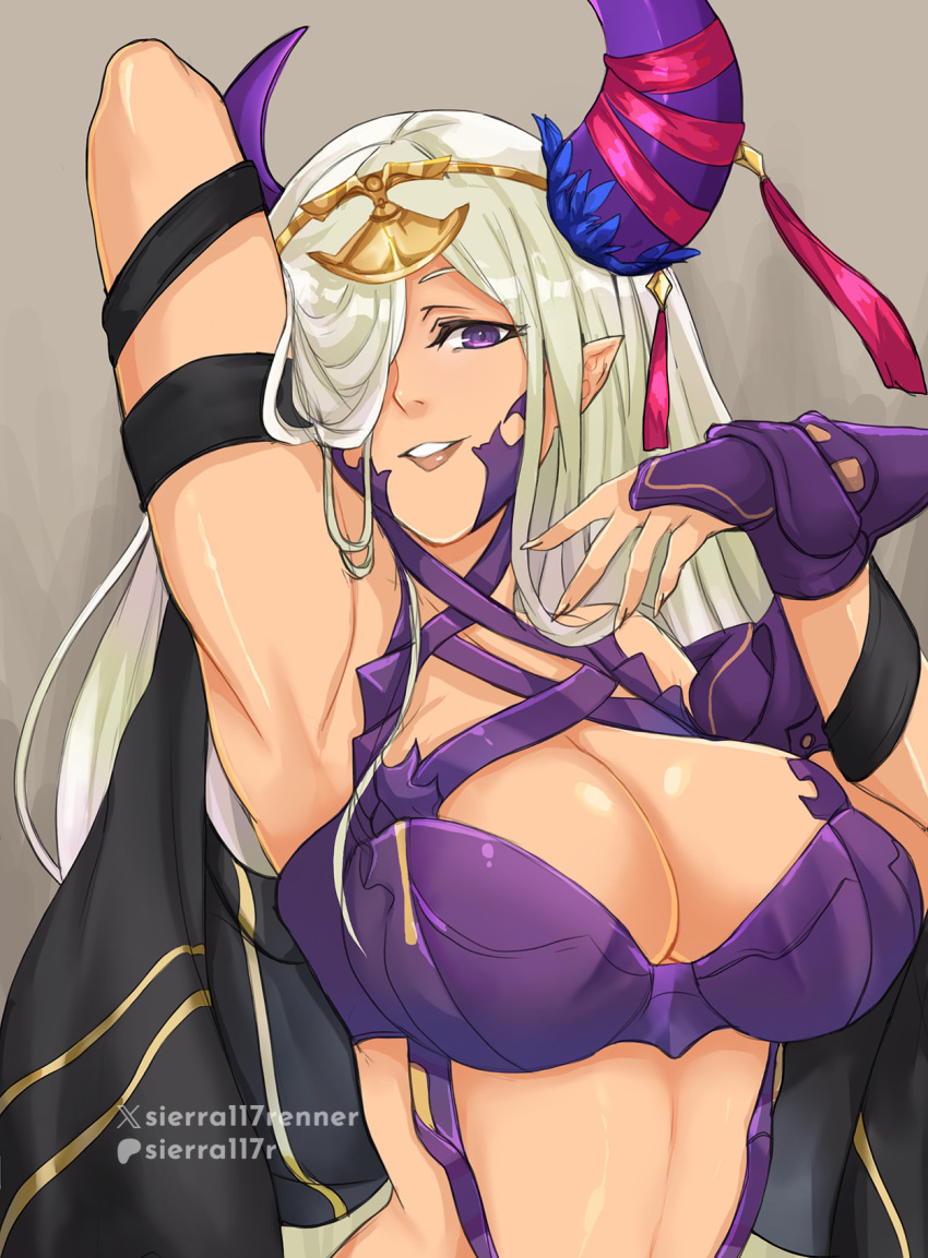 1girl 1girl alluring arm_up armpits bare_shoulders big_breasts cleavage dark_skin fire_emblem fire_emblem_engage grey_background grey_hair grin high_res horns intelligent_systems long_hair looking_at_viewer midriff nintendo pointy_ears purple_eyes revealing_clothes sierra117renner smile stomach upper_body zephia_(fire_emblem)