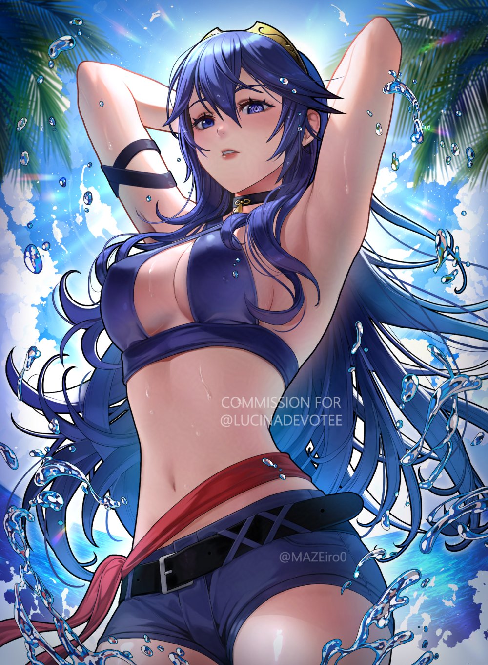 1girl 1girl alternate_costume arms_behind_head arms_up artist_name bare_arms belt big_breasts bikini bikini_top_only black_belt black_choker blue_bikini blue_eyes blue_hair blue_shorts blue_sky brand_of_the_exalt choker cloud commentary commission covered_erect_nipples day english_commentary fire_emblem fire_emblem_awakening fire_emblem_warriors from_below hair_between_eyes halterneck high_res intelligent_systems long_hair looking_at_viewer looking_down lucina lucina_(fire_emblem) maze_draws navel nintendo outside palm_leaf short_shorts shorts sideboob sky standing stomach swimsuit symbol-shaped_pupils symbol_in_eye thighs tiara twitter_username very_long_hair water watermark wet