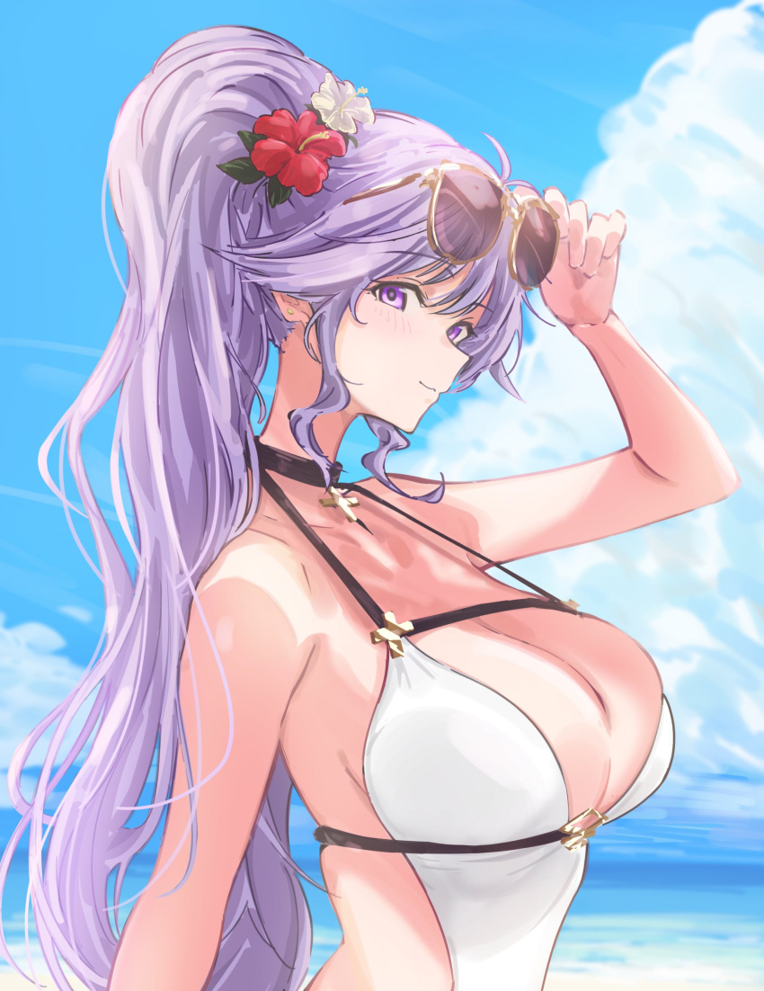 1girl 1girls 72megg absurd_res alluring alternate_costume beach big_breasts blue_sky cleavage cloud cloudy_sky commission cross cross_necklace eyewear_on_head female_only fire_emblem fire_emblem:_genealogy_of_the_holy_war flower hair_flower hair_ornament high_res intelligent_systems ishtar_(fire_emblem) jewelry long_hair looking_at_viewer necklace nintendo ocean one-piece_bikini outside ponytail purple_eyes purple_hair sky smile sunglasses swimsuit very_long_hair white_bikini white_one-piece_bikini