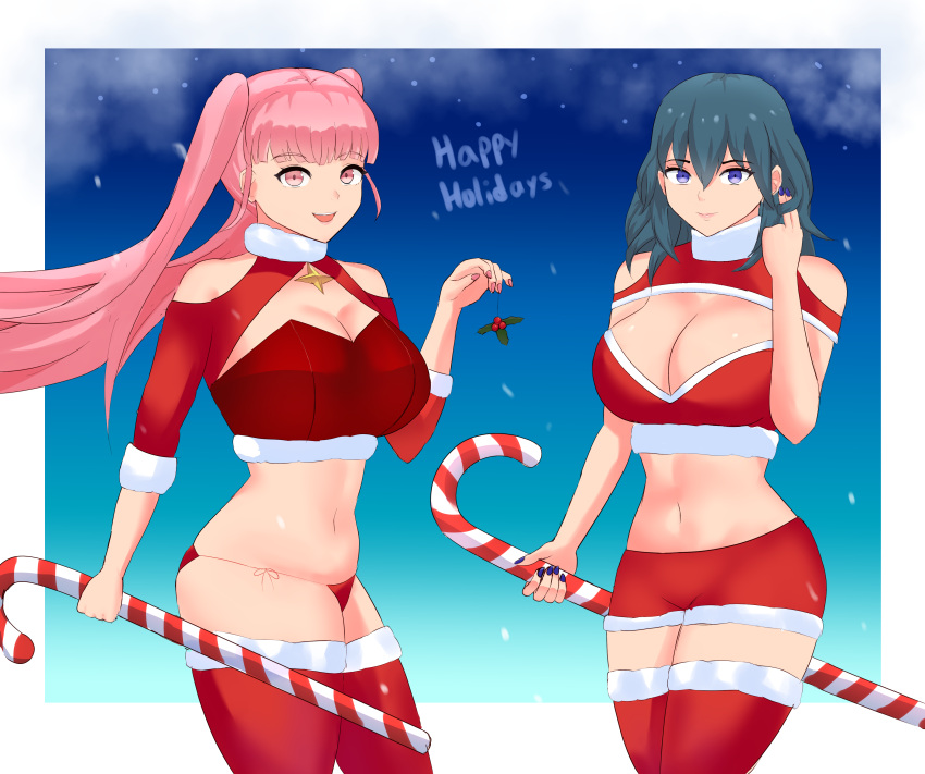1girl 2_girls alluring alternate_costume bangs bare_midriff bare_thighs big_breasts blue_eyes byleth_(fire_emblem) byleth_(fire_emblem)_(female) candy_cane christmas christmas_outfit cleavage clothing female_only fire_emblem fire_emblem:_three_houses happy_holidays hilda_valentine_goneril intelligent_systems long_hair looking_at_viewer medium_hair midriff mistletoe multiple_females multiple_girls nintendo open_mouth panties pink_eyes pink_hair purple_eyes red_panties santa_costume shorts smile snow stockings teal_hair thighs thong tiredtorto twin_tails
