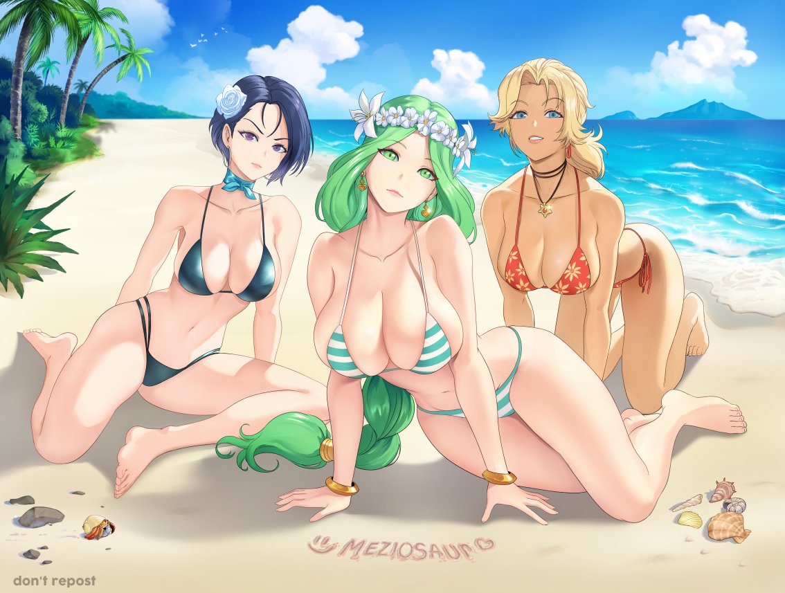 1girl 3_girls alluring beach big_breasts bikini catherine_(fire_emblem) cleavage fire_emblem fire_emblem:_three_houses intelligent_systems meziosaur multiple_females multiple_girls nintendo rhea_(fire_emblem) shamir_nevrand