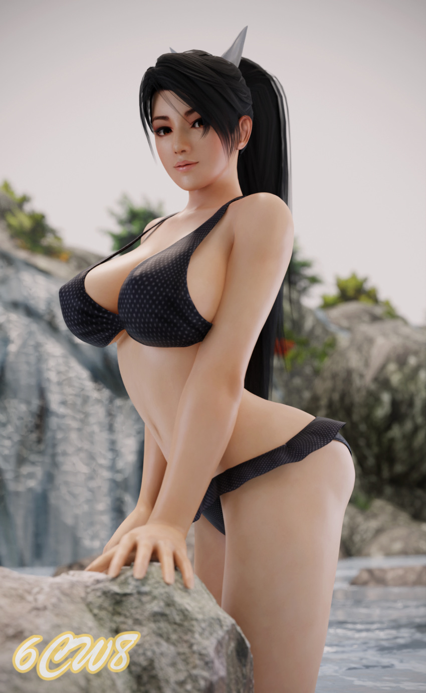 1girl 6cw8 alluring beach big_breasts bikini black_hair dead_or_alive dead_or_alive_xtreme_venus_vacation kunoichi momiji ninja_gaiden pin_up tecmo