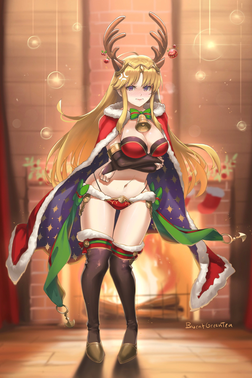 1girl absurd_res ahoge alluring alternate_costume anger_vein animal_ears annoyed ass_visible_through_thighs bangs bell big_breasts bikini blonde_hair blunt_bangs blurry blurry_background blush breast_hold bridal_gauntlets brown_footwear burnt_green_tea cape chimney christmas christmas_ornaments circlet clarisse_(fire_emblem) cleavage commission commission_art cosplay deer_ears embarrassed eyebrows_hidden_by_hair fake_antlers female_only fire_emblem fire_emblem:_new_mystery_of_the_emblem fire_emblem_heroes fireplace frown fur_trim green_ribbons high_res highleg highleg_bikini intelligent_systems jingle_bell kneehighs knees_together_feet_apart long_hair midriff neck_bell nintendo purple_eyes red_bikini red_cape ribbon santa_bikini shadow sidelocks signature skindentation socks swimsuit tharja_(fire_emblem)_(cosplay) thigh_gap very_long_hair wooden_floor