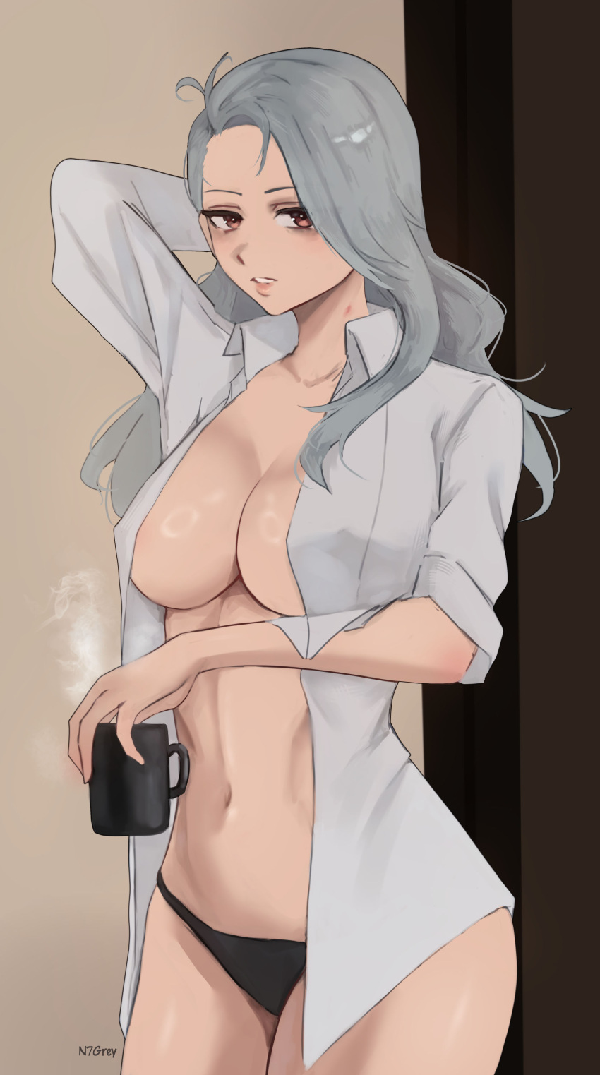 1girl absurd_res alluring atlus big_breasts black_panties blush cleavage cup grey_hair high_res holding holding_cup long_hair looking_at_viewer n7grey navel open_clothes panties persona persona_5 red_eyes sae_niijima sega shirt silf stomach underwear white_shirt