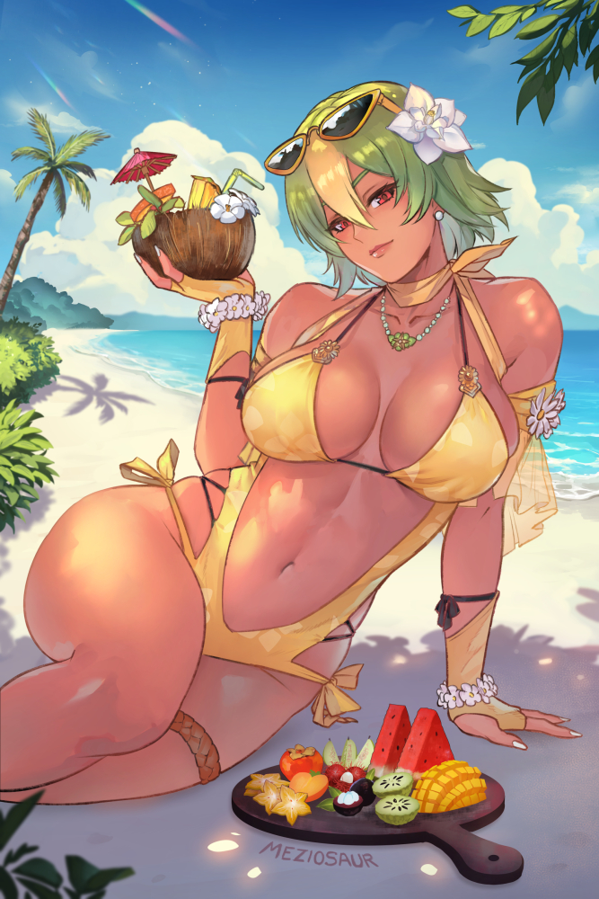 1girl alluring alternate_costume arm_support artist_name bare_shoulders beach big_breasts bikini blonde_hair blue_sky bracelet breasts closed_mouth cloud cloudy_sky coconut collarbone commentary dark-skinned_female dark_skin day drinking_straw earrings eyewear_on_head fingerless_gloves fire_emblem fire_emblem_heroes flower food fruit gloves grey_hair hair_flower hair_ornament holding intelligent_systems jewelry laegjarn_(fire_emblem) lips looking_at_viewer meziosaur multicolored_hair navel necklace nintendo ocean outside palm_leaf palm_tree red_eyes shadow short_hair sky smile stomach sunglasses swimsuit thigh_strap thighs tree tropical_drink water yellow_bikini