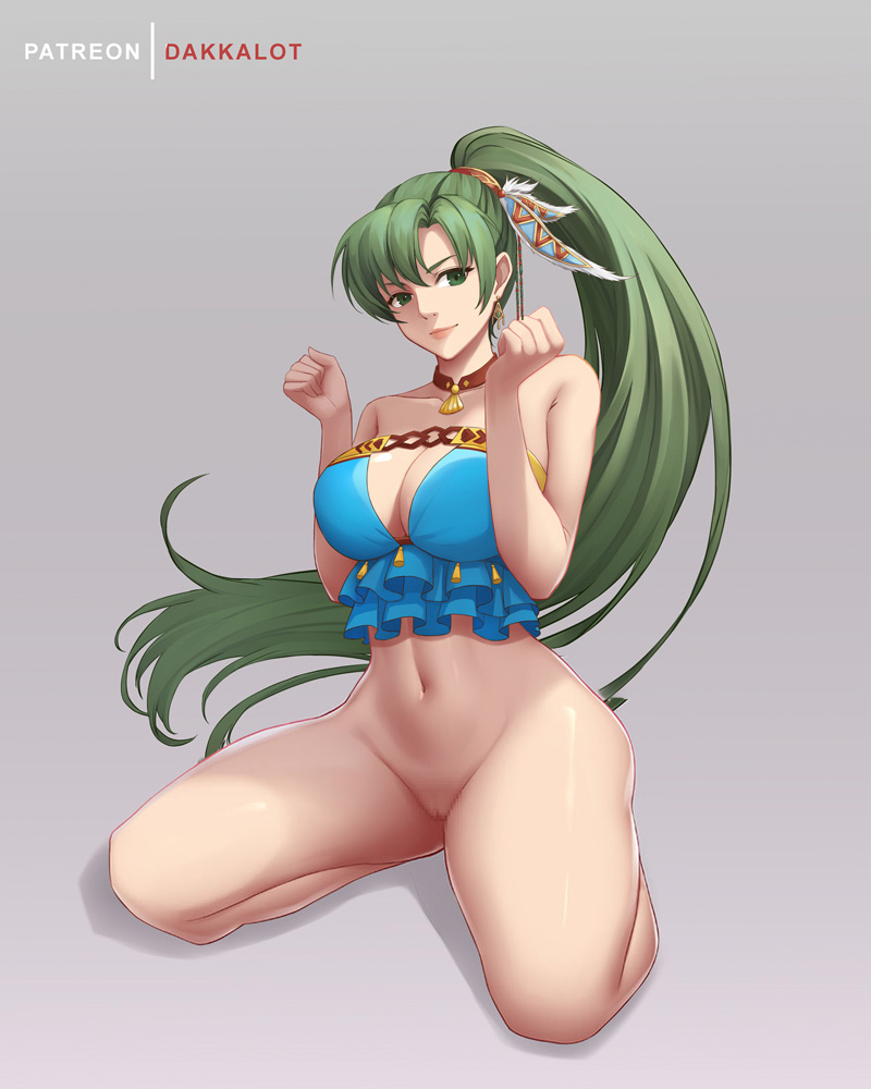 1girl alluring alternate_costume bare_legs big_breasts bikini blue_bikini blue_swimsuit choker dakkalot feather_hair_ornament female_only fire_emblem fire_emblem:_the_blazing_blade fire_emblem_heroes fire_emblem_warriors green_eyes green_hair hair_ornament intelligent_systems kneel long_hair looking_at_viewer lyn lyn_(fire_emblem) lyndis lyndis_(fire_emblem) midriff naked_from_the_waist_down navel nintendo official_alternate_costume ponytail pussy side-tie_bikini swimsuit